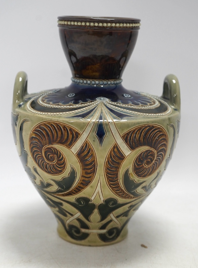 A Doulton Lambeth vase by Stormer, monogrammed and dated 1887, 20.5cm high. Condition - good